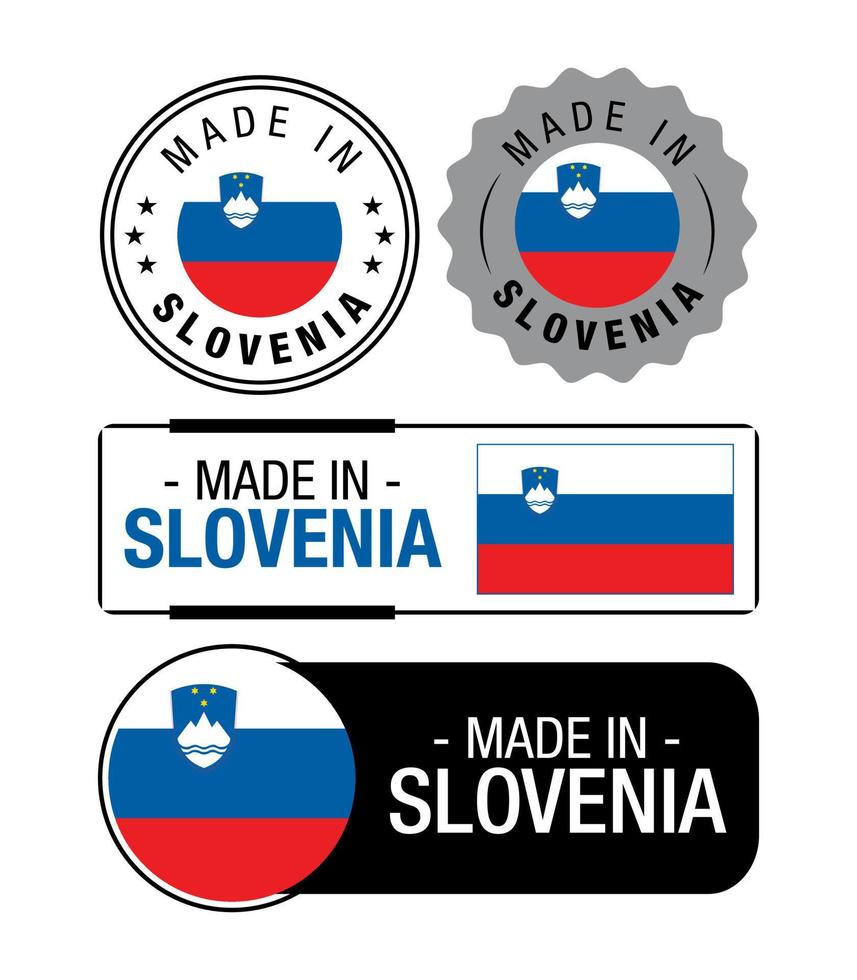 uppsättning av tillverkad i slovenien etiketter, logotyp, slovenien flagga, slovenien produkt emblem vektor