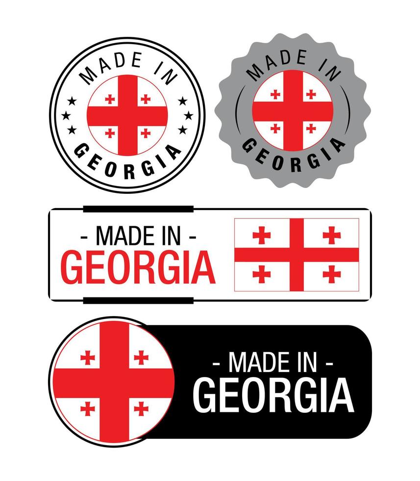 satz von made in georgia-etiketten, logo, georgia-flagge, georgia-produktemblem vektor