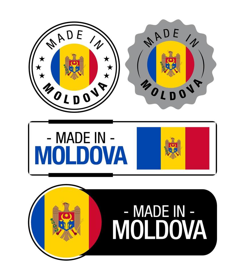 satz von made in moldau etiketten, logo, moldawische flagge, moldawisches produktemblem vektor