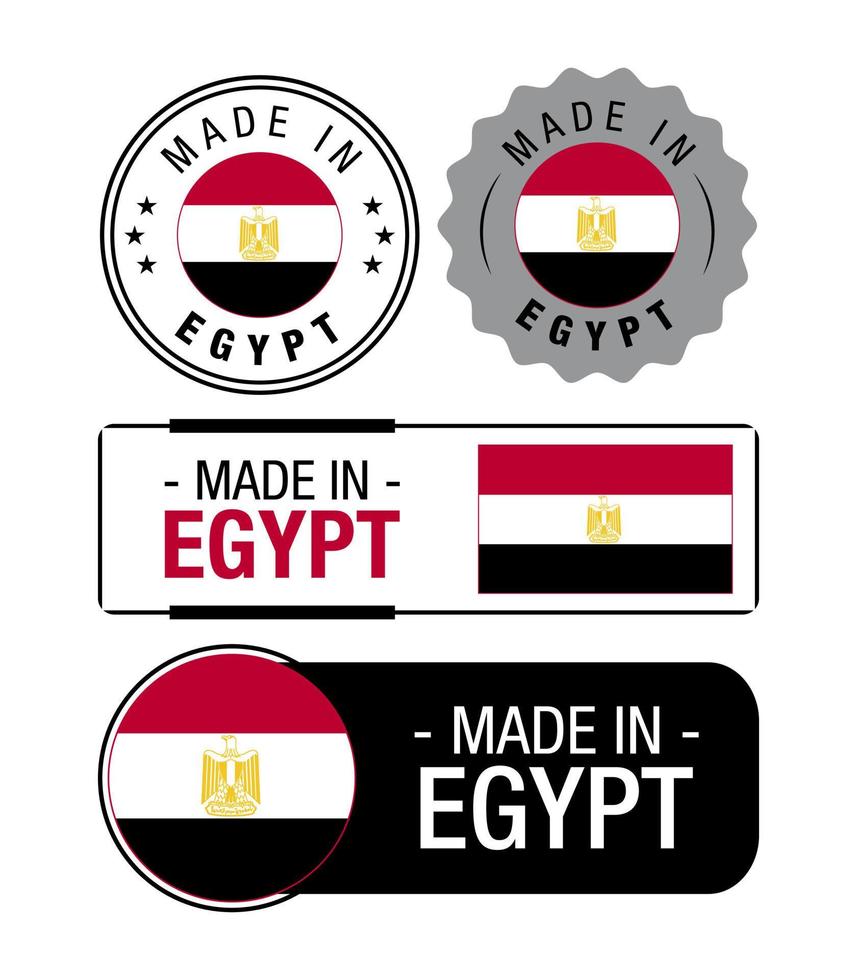 uppsättning av tillverkad i egypten etiketter, logotyp, egypten flagga, egypten produkt emblem vektor