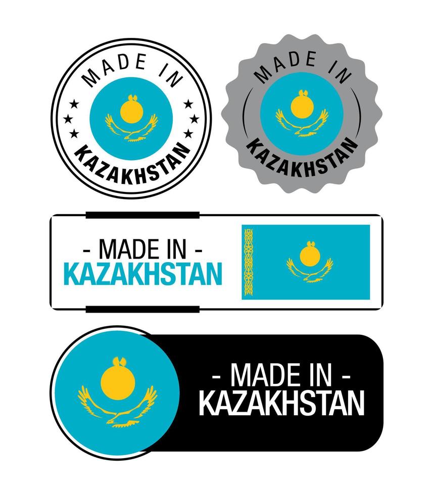 uppsättning av tillverkad i kazakhstan etiketter, logotyp, kazakhstan flagga, kazakhstan produkt emblem vektor