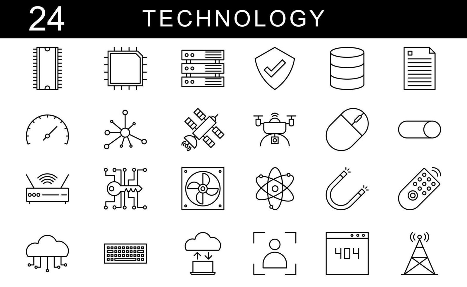 Technologie-Icons gesetzt. Technologie Fortschritt Wissenschaft, Cloud Computing, Server, Magnet, Drohne, Verbindung, KI, Router, Tastatur und Datenbank. Vektor-Illustration. Folge 10. vektor
