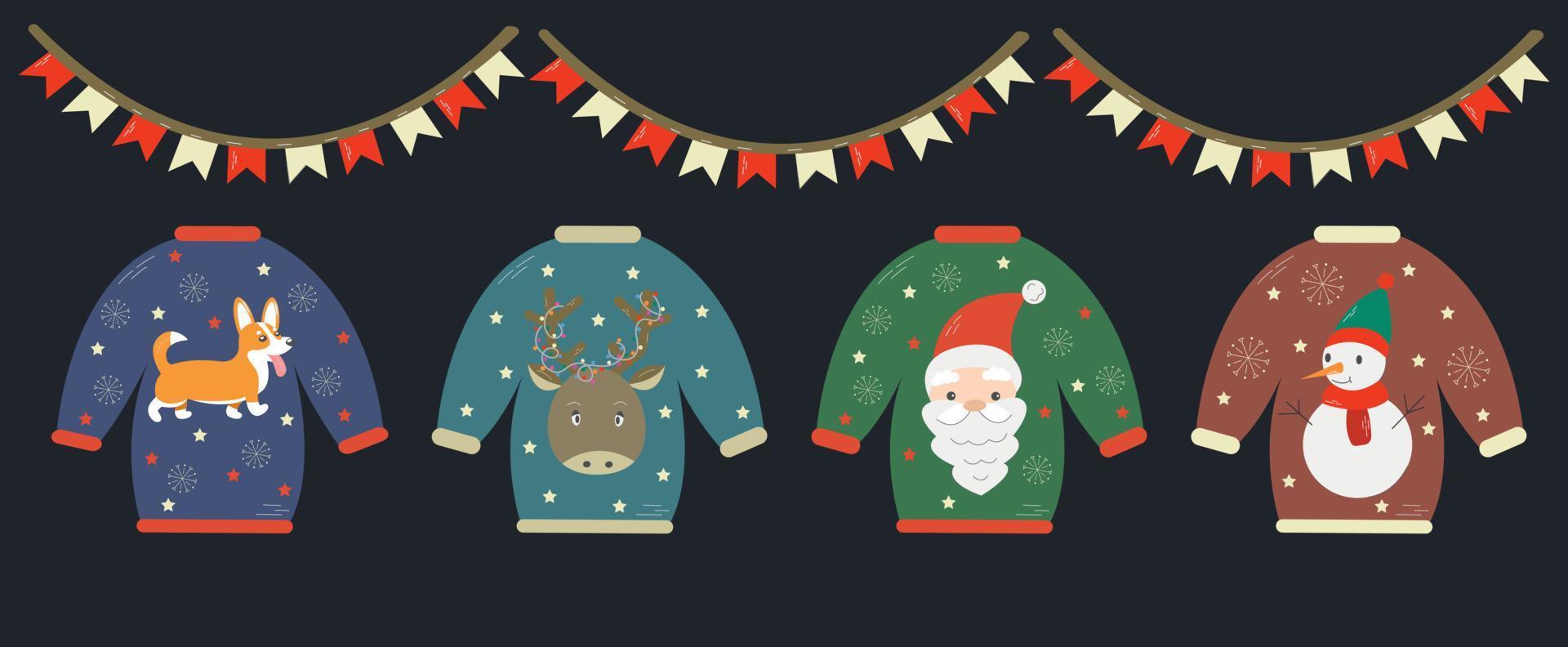 jul vykort med annorlunda tecknad serie ful tröjor. söt jul tröjor begrepp i platt stil. vektor ful Tröja fest inbjudan med tomte, snögubbe, ren och corgi