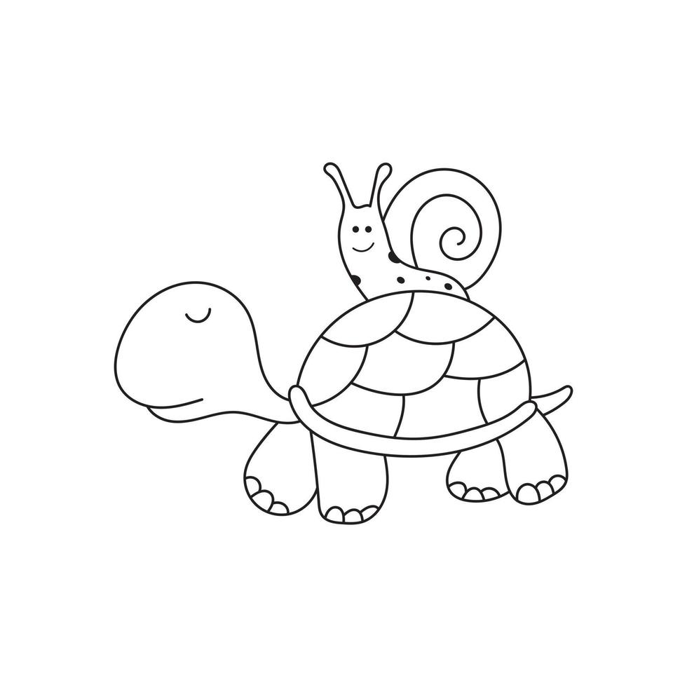 hand gezeichnete vektorillustration der niedlichen schnecke, die eine schildkröte reitet vektor