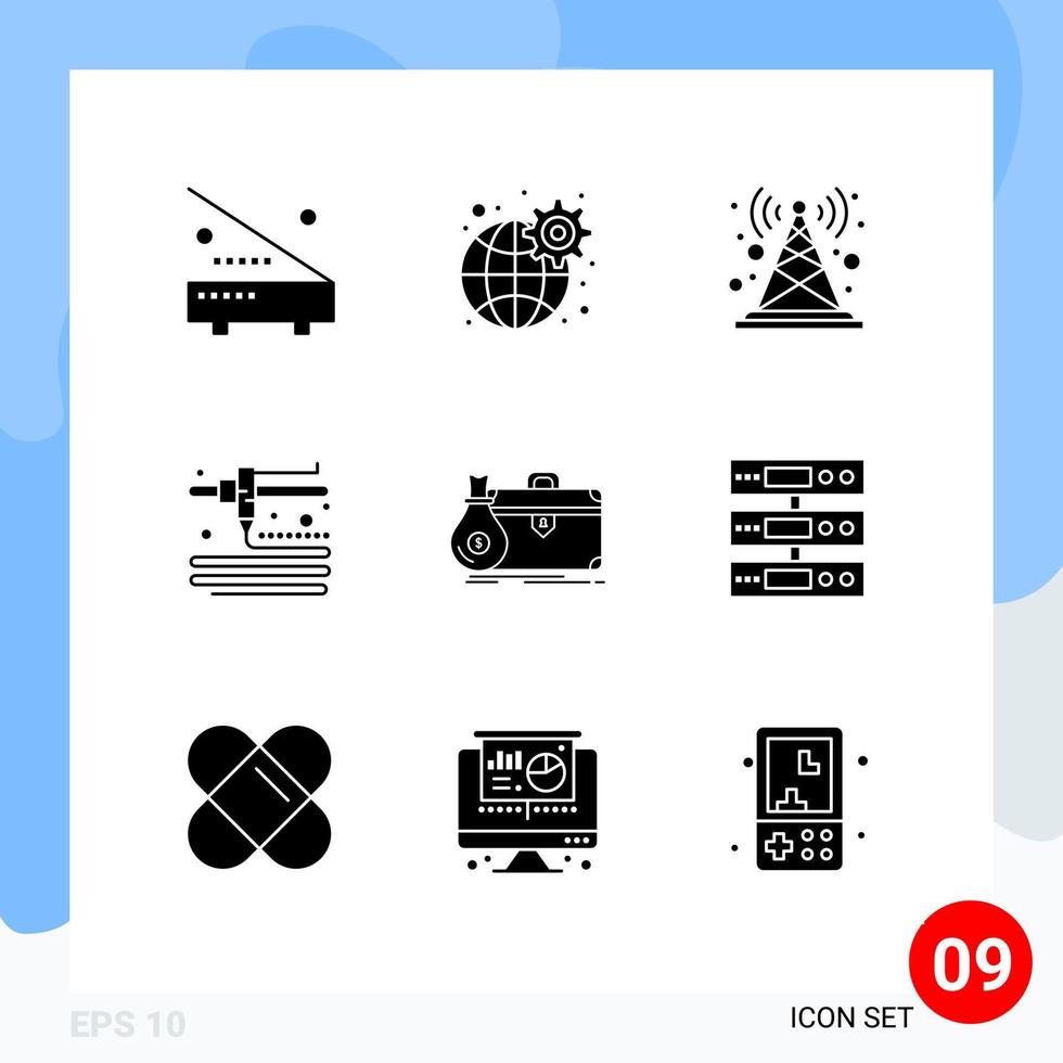 uppsättning av 9 vektor fast glyfer på rutnät för företag utskrift inställningar modellering torn redigerbar vektor design element