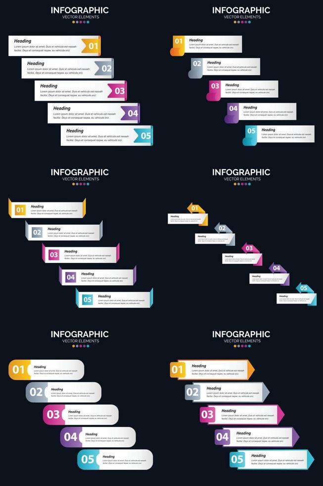 Vektor 6 Infografiken Pack Präsentationsfolie Vorlage 5 Schritte Zyklusdiagramme und Zeitleisten