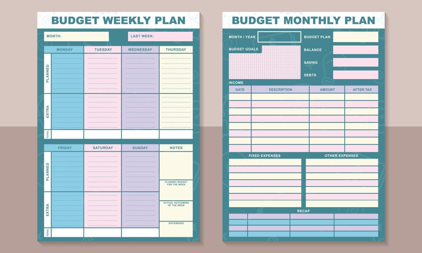 budget planera mall. planen en gång i månaden och varje vecka budgetar vektor