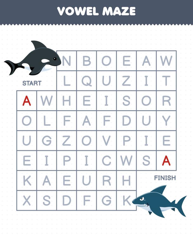 Lernspiel für Kinder Vokallabyrinth Helfen Sie dem niedlichen Cartoon-Orca, sich zum druckbaren Unterwasser-Arbeitsblatt für Haie zu bewegen vektor