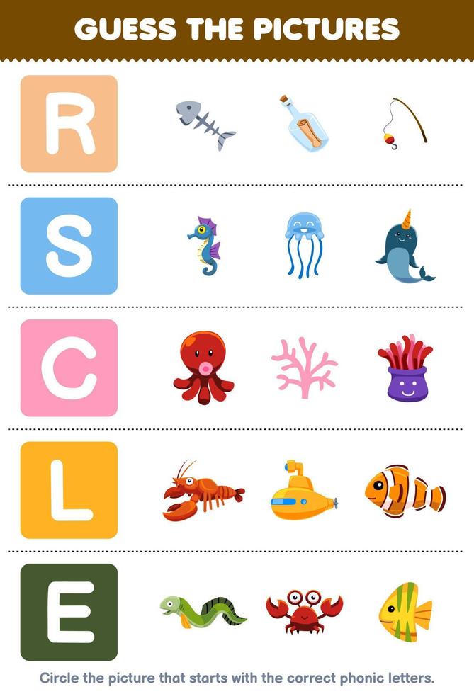 Lernspiel für Kinder Erraten Sie das richtige Bild für das Lautwort, das mit den Buchstaben rscl und e beginnt. Druckbares Unterwasser-Arbeitsblatt vektor