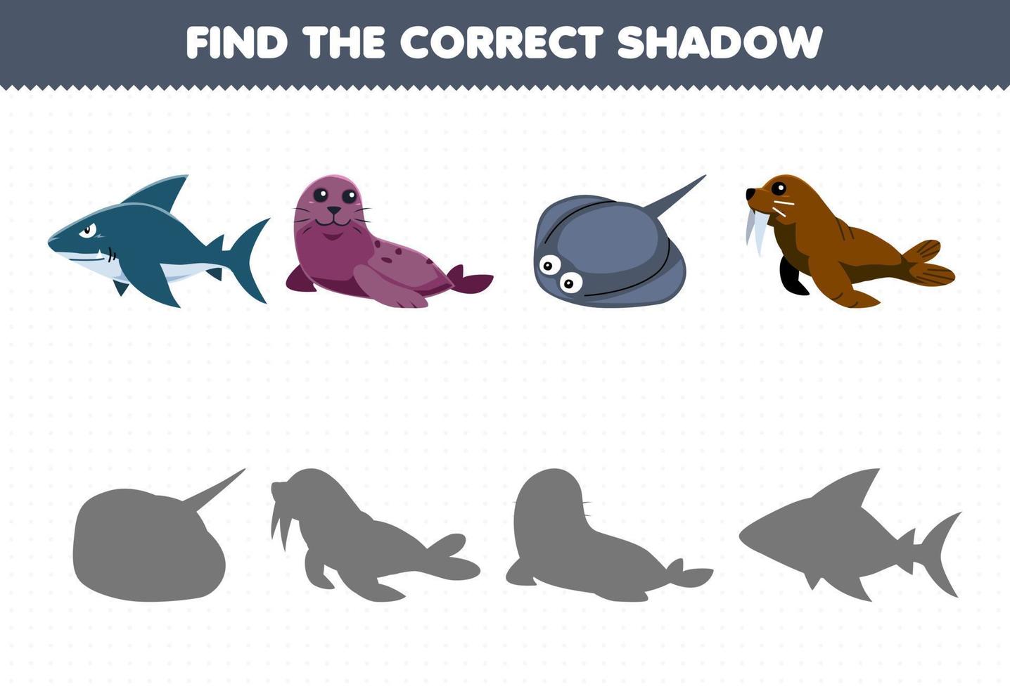 Lernspiel für Kinder Finden Sie den richtigen Schattensatz des niedlichen Cartoon-Haifischrobben-Stachelrochen-Walross-Druckbares Unterwasser-Arbeitsblatt vektor