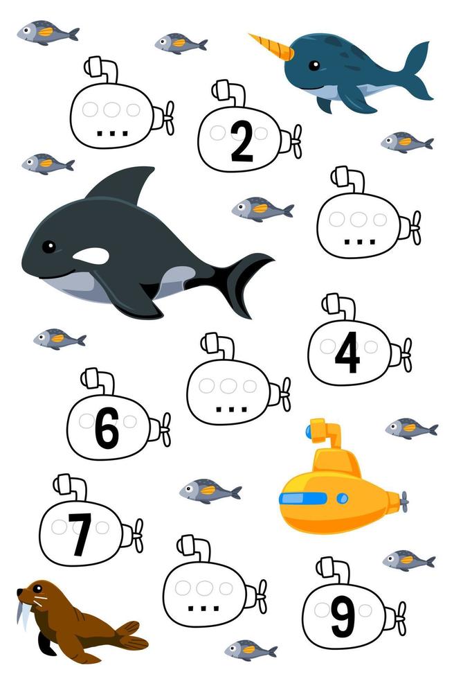 Lernspiel zum Vervollständigen der Zahlenfolge mit niedlichem Cartoon-Orca-Walross, Narwal und U-Boot-Bild, druckbarem Unterwasser-Arbeitsblatt vektor