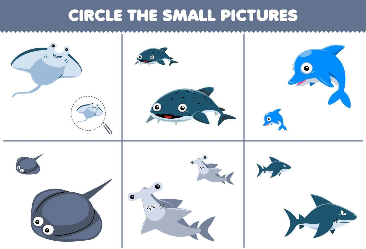 Bildungsspiel für Kinder Kreisen Sie das kleine Bild des niedlichen Cartoon-Manta-Hammerhai-Delfin-Stachelrochens ein, das Sie unter Wasser ausdrucken können vektor