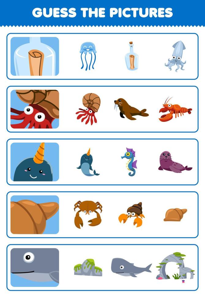 utbildning spel för barn gissa de korrekt bilder av söt tecknad serie flaska skal narval val tryckbar under vattnet kalkylblad vektor