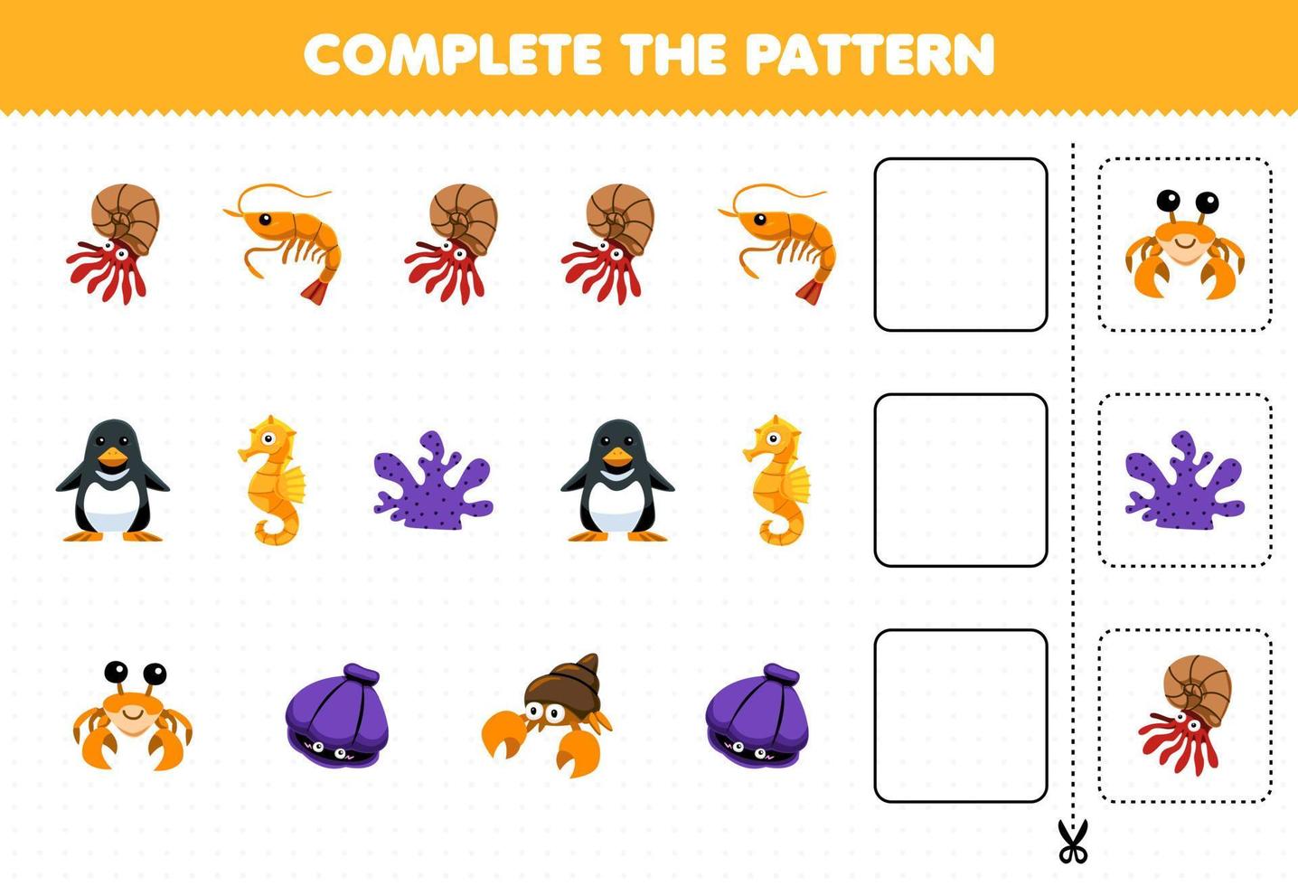 Lernspiel für Kinder Schneiden und vervollständigen Sie das Muster jeder Reihe aus einem niedlichen Cartoon-Garnelen-Pinguin-Seepferdchen-Korallen-Einsiedlerkrebs-Muschel-Arbeitsblatt vektor