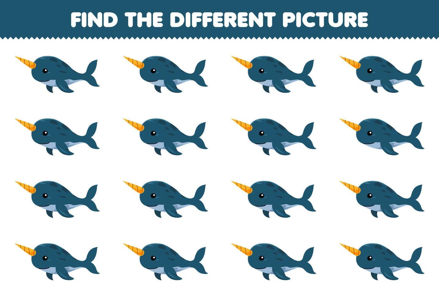 Lernspiel für Kinder Finden Sie das andere Bild des niedlichen Cartoon-Narwals zum Ausdrucken unter Wasser Arbeitsblatt vektor