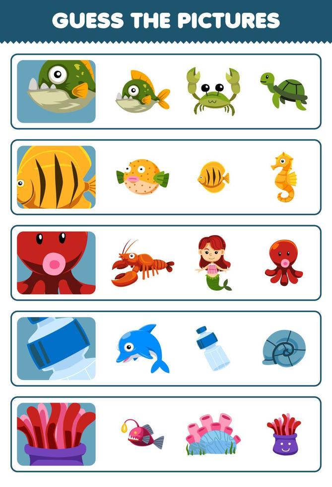 utbildning spel för barn gissa de korrekt bilder av söt tecknad serie piranha fisk bläckfisk flaska anemon tryckbar under vattnet kalkylblad vektor