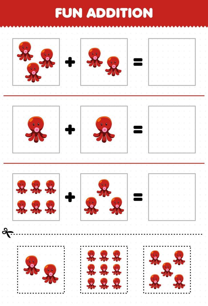 Lernspiel für Kinder, lustige Ergänzung durch Schneiden und Anpassen von niedlichen Cartoon-Oktopus-Bildern für druckbares Unterwasser-Arbeitsblatt vektor