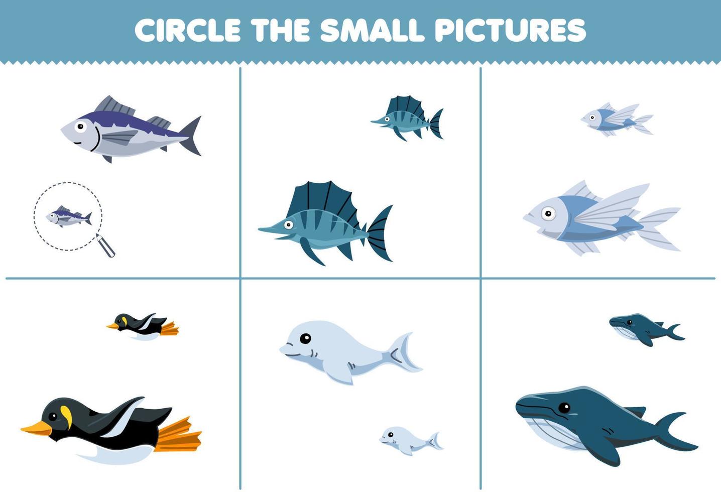 utbildning spel för barn cirkel de små bild av söt tecknad serie fisk pingvin beluga val tryckbar under vattnet kalkylblad vektor