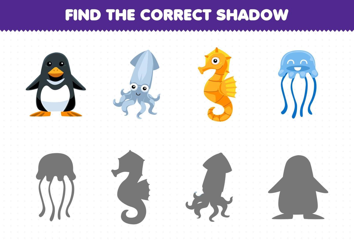 Bildungsspiel für Kinder Finden Sie das richtige Schattenset aus niedlichem Cartoon-Pinguin-Tintenfisch-Seepferdchen-Quallen-Druckbares Unterwasser-Arbeitsblatt vektor