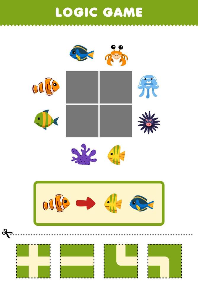 Lernspiel für Kinder Logikpuzzle Baue die Straße für orangefarbene Fische Gehe zu einem anderen Fisch Druckbares Unterwasser-Arbeitsblatt vektor