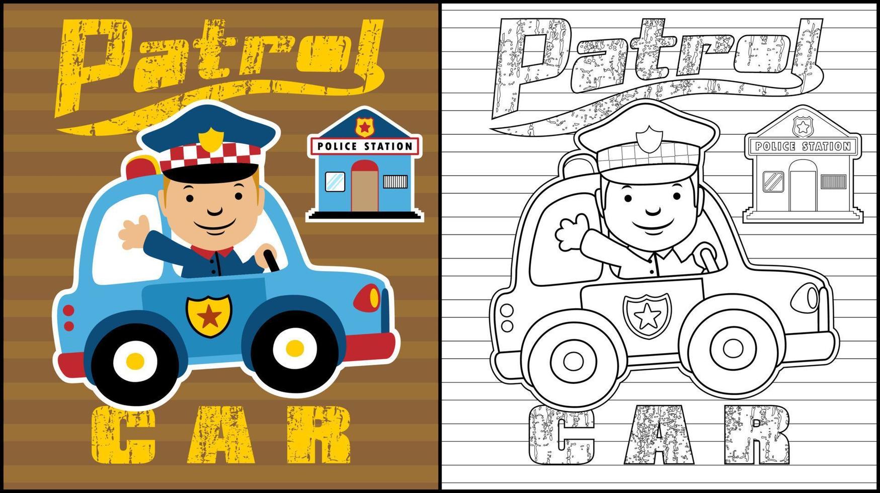 färg bok av leende polis körning patrullera bil med polis station vektor