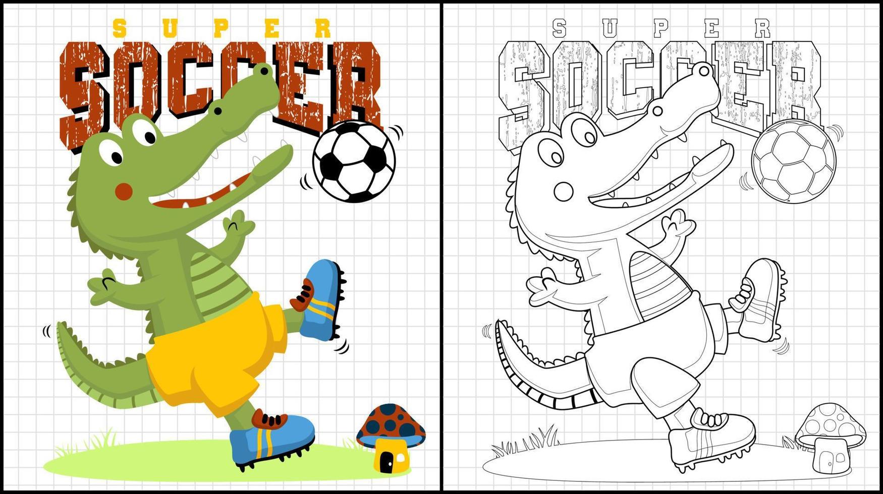 Malbuch mit lustigem Dinosaurier-Cartoon, der Fußball spielt vektor