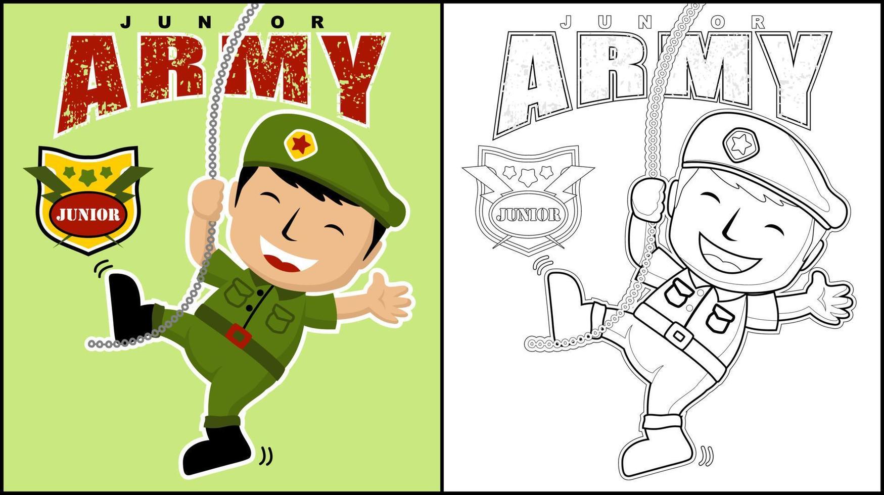 färg bok av rolig soldat tecknad serie hänga på kedjor vektor