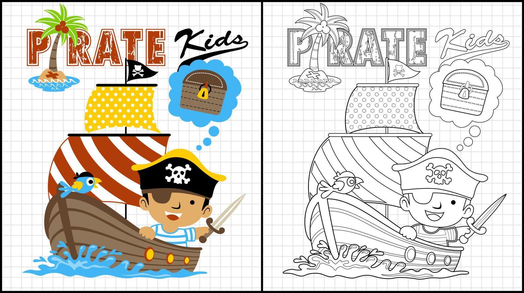 Malbuch eines Jungen im Piratenkostüm, während er Schwert mit Papagei auf Segelboot hält vektor