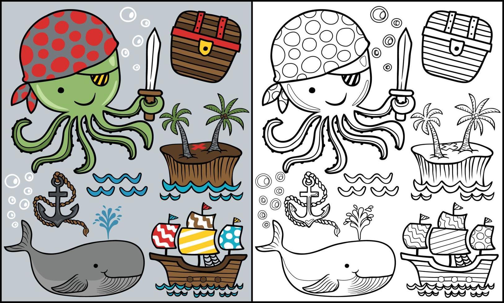 uppsättning tecknad serie av pirater element med rolig bläckfisk, färg bok eller sida vektor