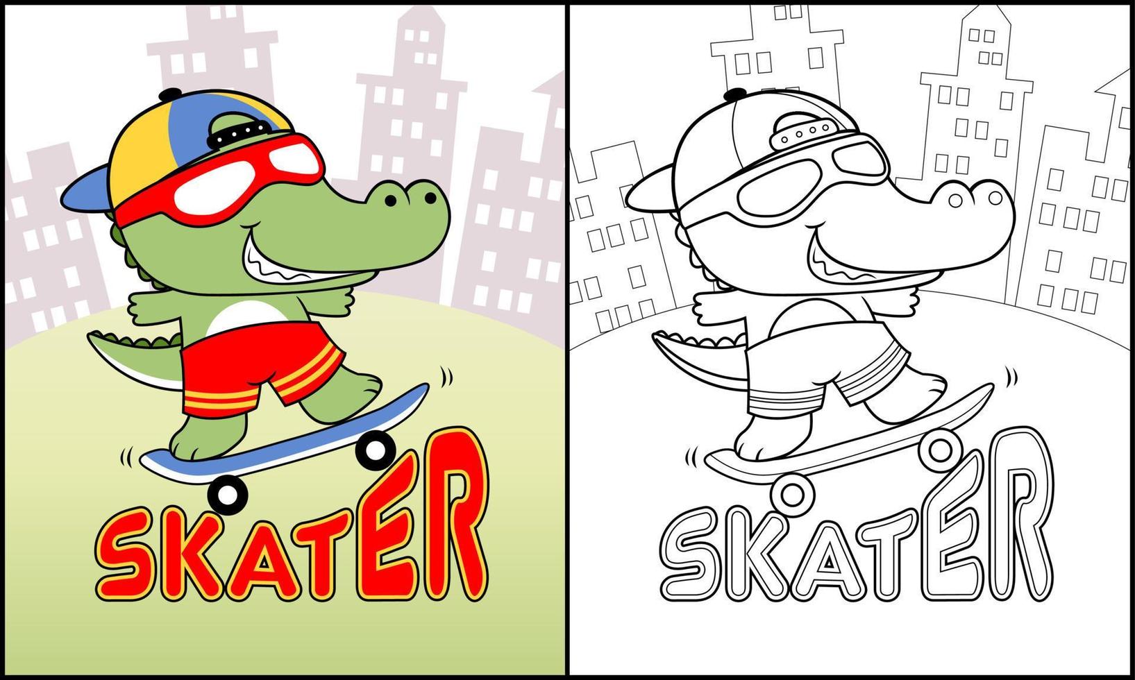 färg bok av krokodil spelar skateboard på byggnader bakgrund vektor