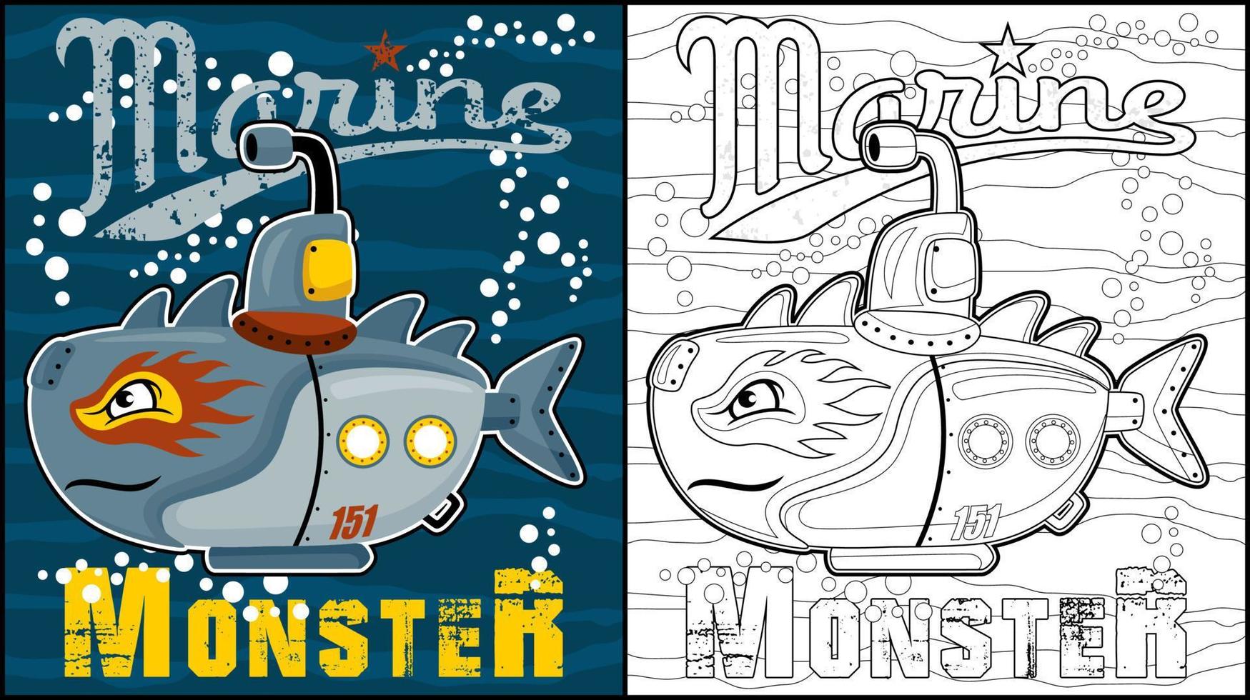 färg bok av tecknad serie illustration u-båt monster undervattenskablar vektor