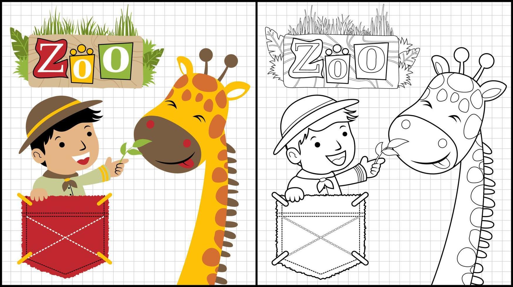 färg bok av liten pojke tecknad serie i ficka med rolig giraff vektor