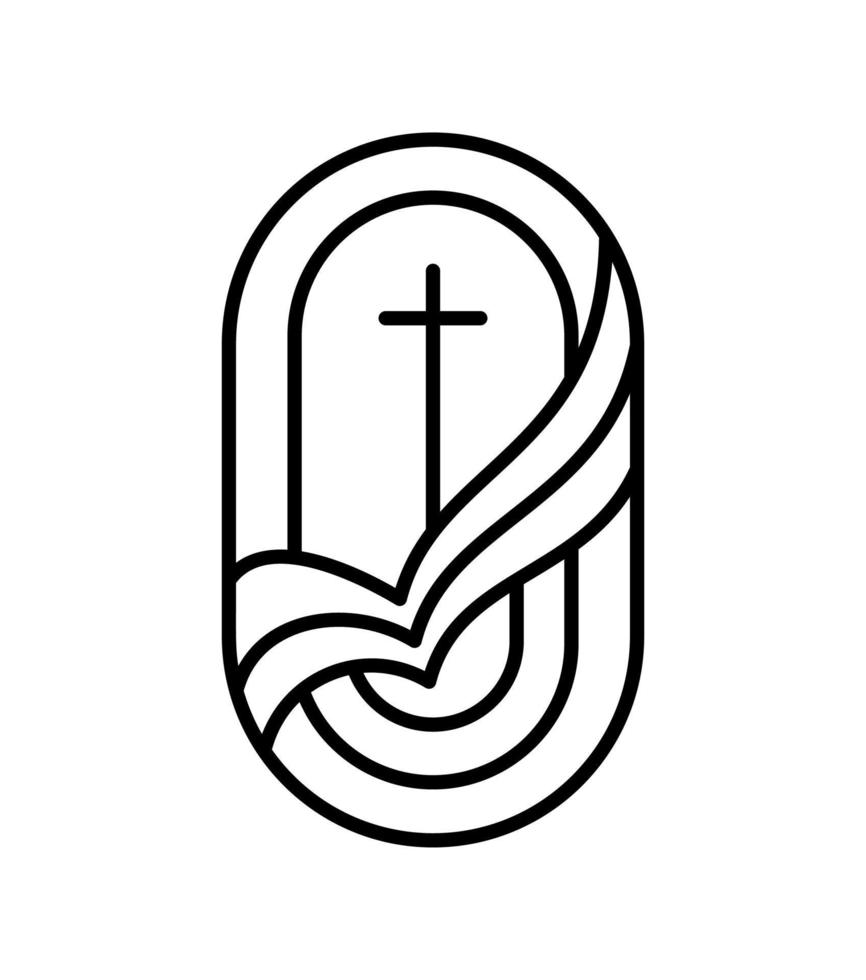 religion linje korsa och öppen bok bibel i kyrka. vektor logotyp ikon illustration isolerat. Jesus christ på calvary är Centrum kristendomen. Gud förlåtelse och kärlek för människor
