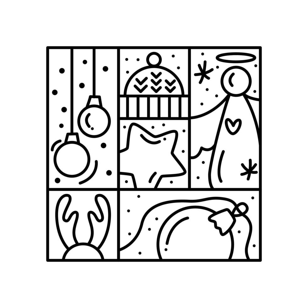 jul logotyp första advent sammansättning snöflinga, rådjur, kopp av kaffe och gran leksaker. hand dragen monoline vinter- vektor konstruktör i fyrkant ram för hälsning kort