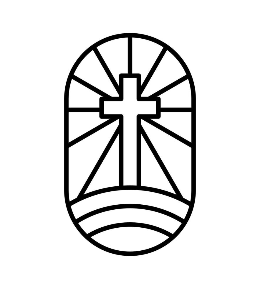 Vektor-Religionslinie Kreuz auf halbrunder Erde und Strahlen. jesus christus logo symbol illustration. Herr auf Golgatha ist das Zentrum des Christentums. Gott vergibt und liebt die Menschen vektor