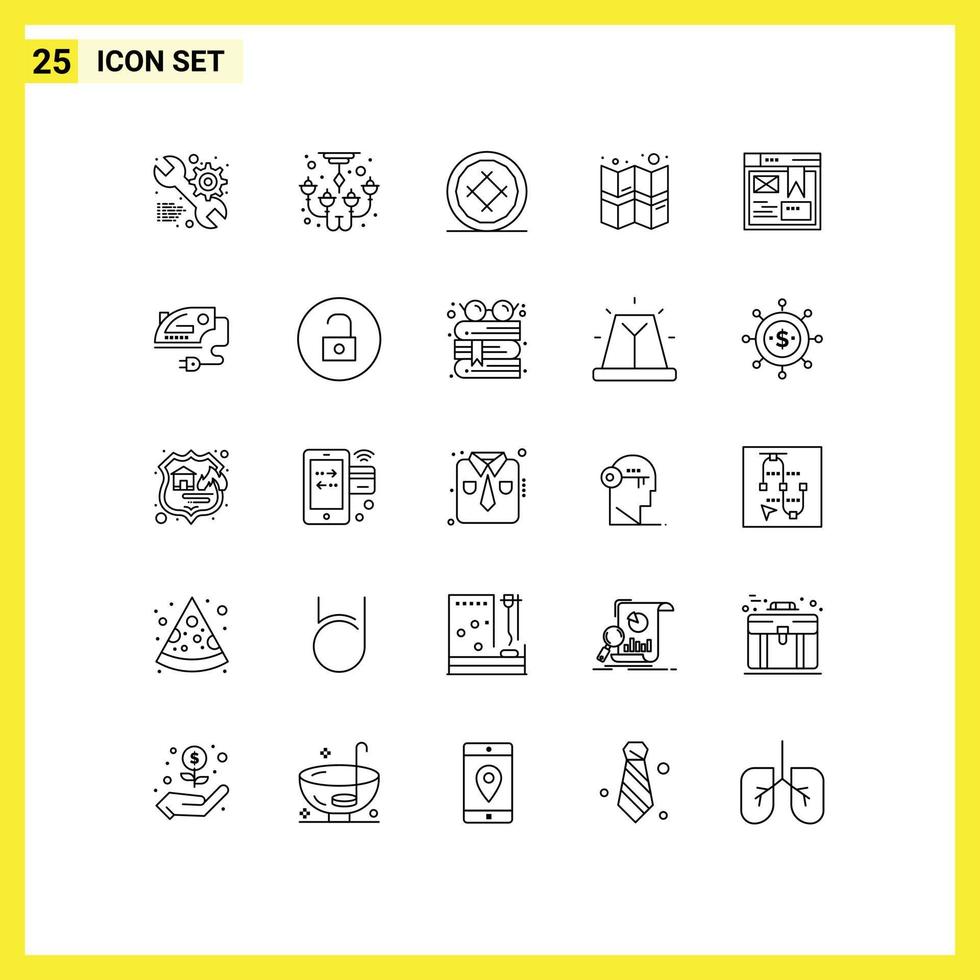 Packung mit 25 modernen Linien Zeichen und Symbolen für Web-Printmedien wie Webkarte Bäckerei Standort Torte editierbare Vektordesign-Elemente vektor