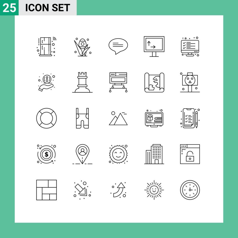 modern uppsättning av 25 rader pictograph av lista dator chatt checklista TV redigerbar vektor design element