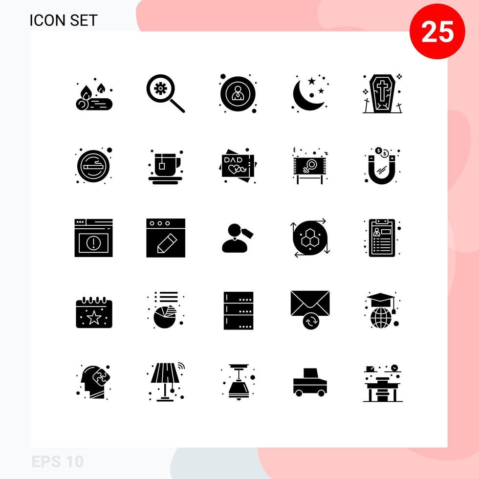 Satz von 25 Vektor-Solid-Glyphen auf dem Gitter für bearbeitbare Vektordesign-Elemente von Zigarettengeisterbenutzer-Todessternen vektor