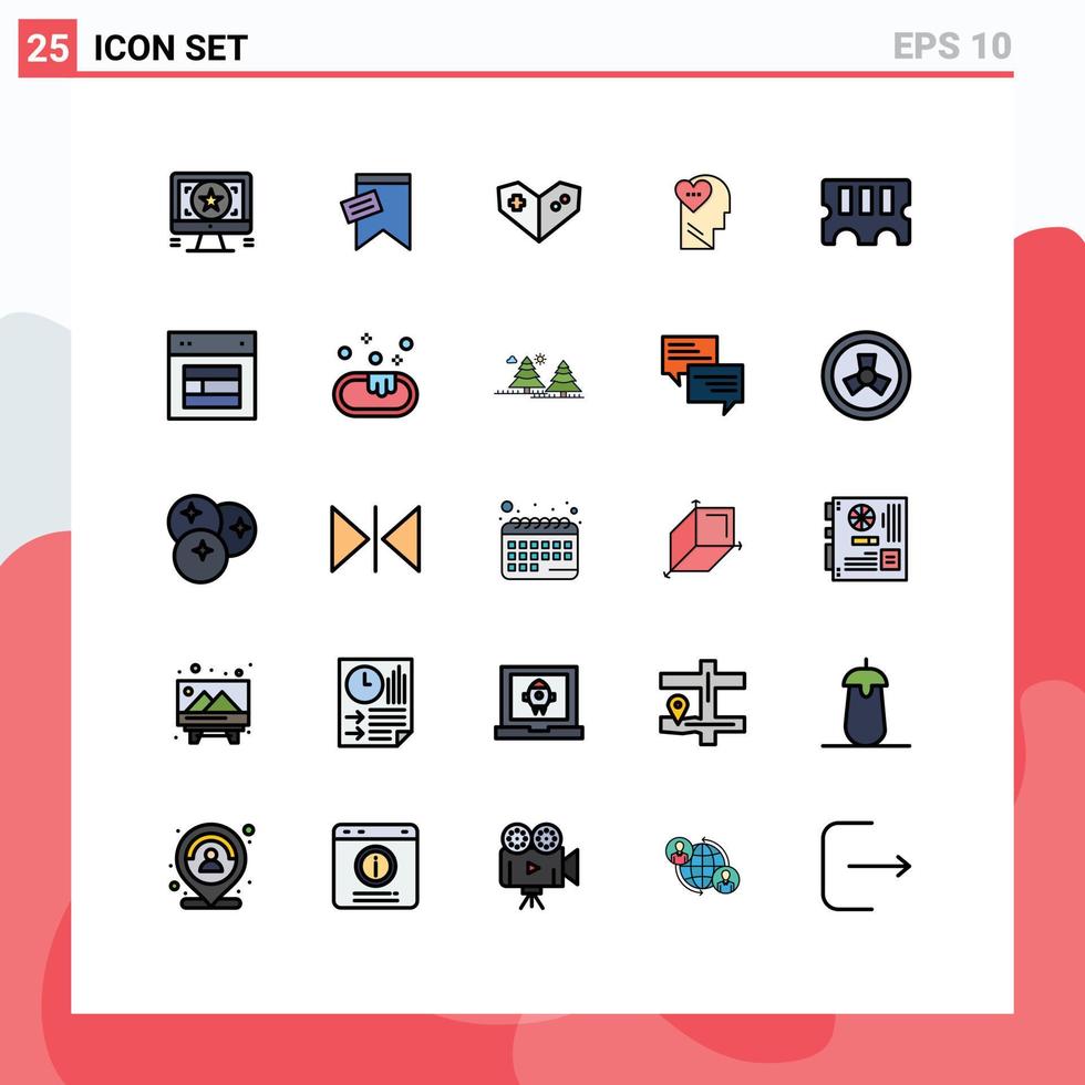 uppsättning av 25 kommersiell fylld linje platt färger packa för Bagge hårdvara gamepad huvud kärlek redigerbar vektor design element
