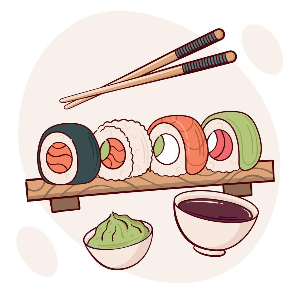 dra sushi rulla vektor illustration. japansk asiatisk traditionell mat, matlagning, meny begrepp. klotter tecknad serie stil.