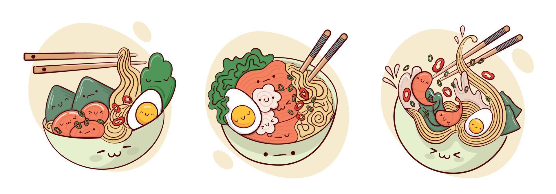 Zeichnen Sie lustige kawaii Ramen-Suppe in einer Schüssel-Vektor-Illustration. japanisches asiatisches traditionelles essen, kochen, menükonzept. Doodle-Cartoon-Stil. vektor