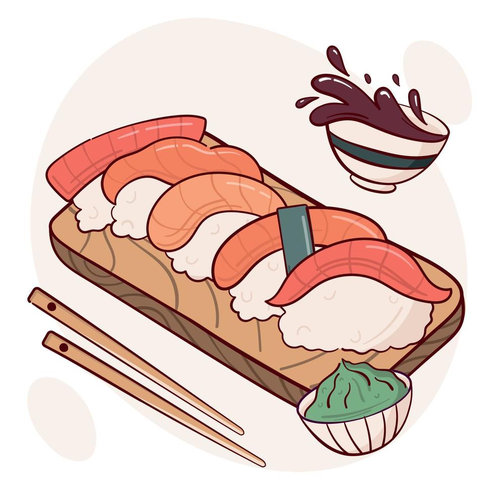 Zeichnen Sie Nigiri-Sushi-Rollenvektorillustration. japanisches asiatisches traditionelles essen, kochen, menükonzept. Doodle-Cartoon-Stil. vektor