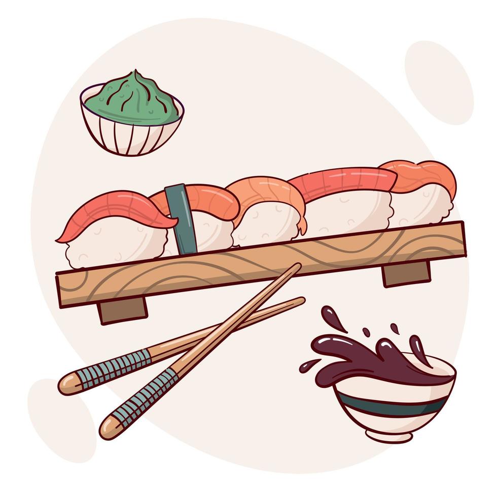 dra nigiri sushi rulla vektor illustration. japansk asiatisk traditionell mat, matlagning, meny begrepp. klotter tecknad serie stil.