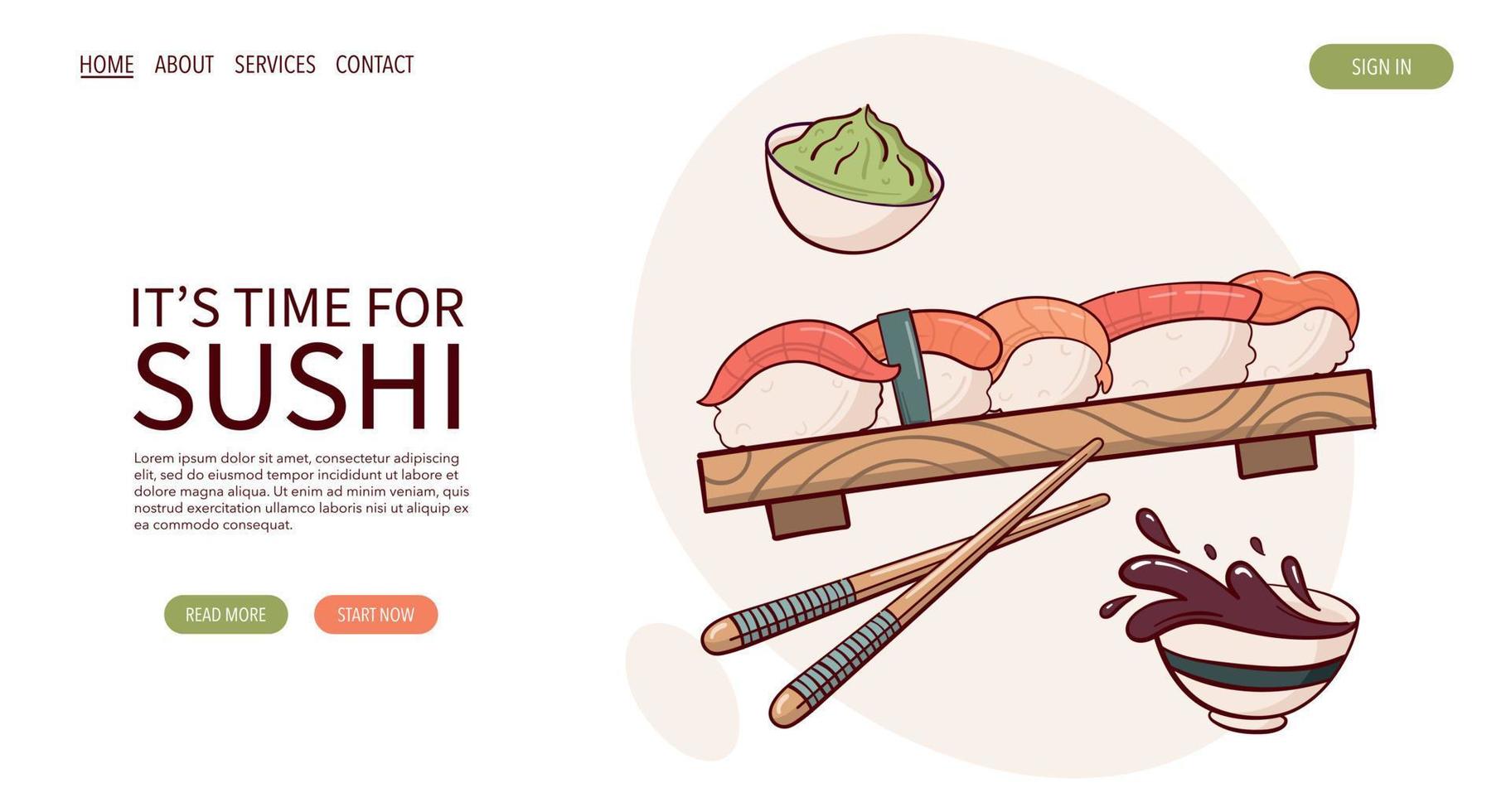 Webseite zeichnen Nigiri-Sushi-Rollen-Vektorillustration. japanisches asiatisches traditionelles essen, kochen, menükonzept. Banner, Website, Werbung im Doodle-Cartoon-Stil.. vektor