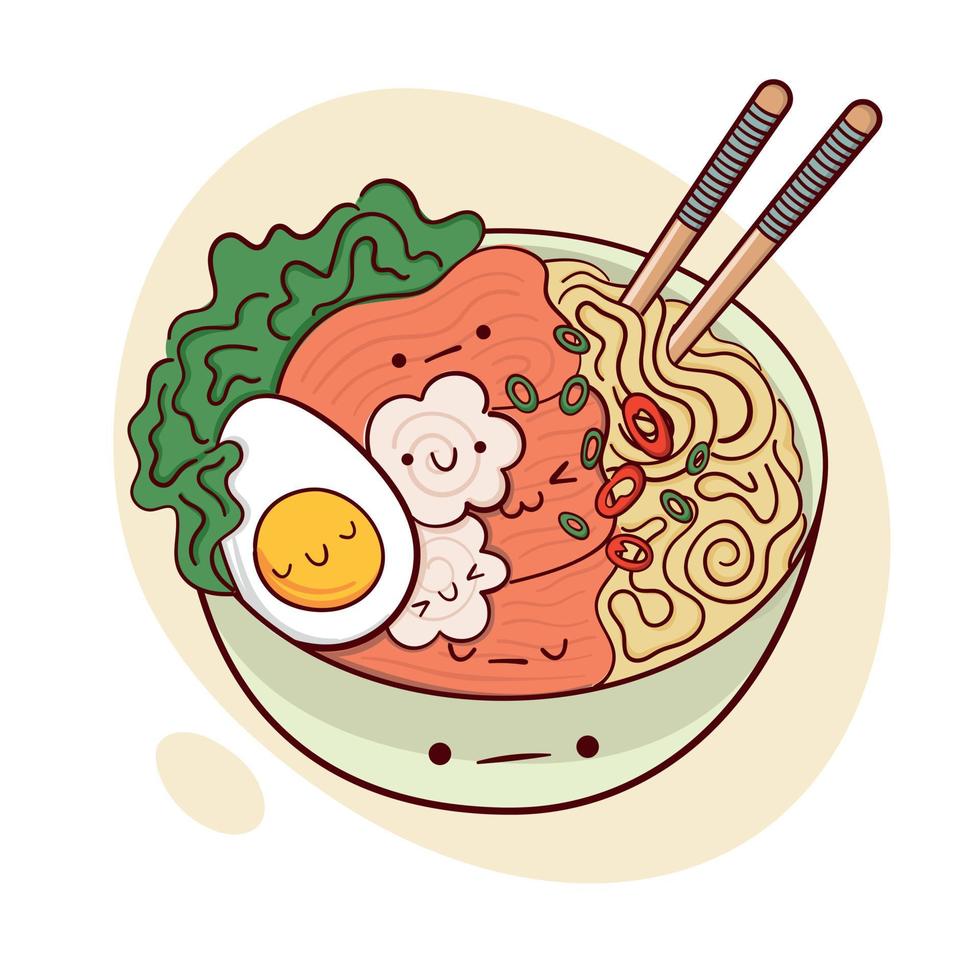 Zeichnen Sie lustige kawaii Ramen-Suppe in einer Schüssel-Vektor-Illustration. japanisches asiatisches traditionelles essen, kochen, menükonzept. Doodle-Cartoon-Stil. vektor