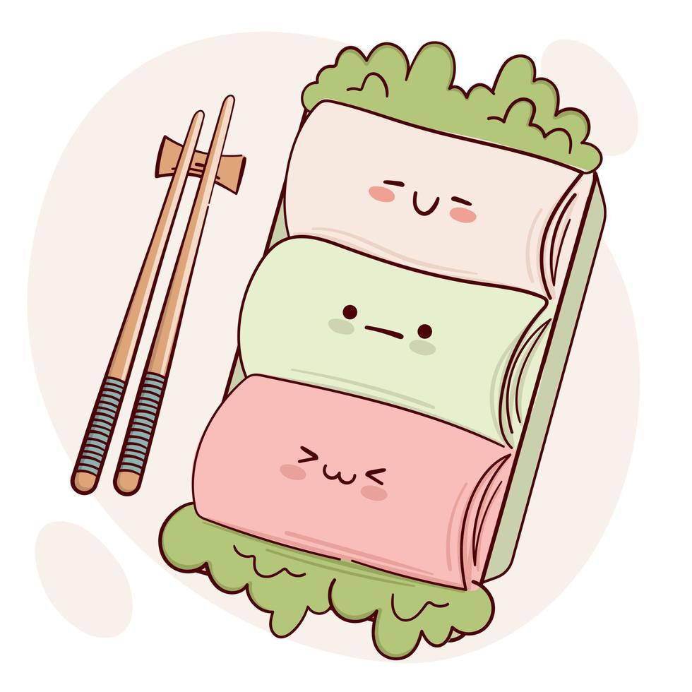 dra rolig söt bento låda Hem matlagning hämtmat måltid förberedelse vektor illustration. japansk asiatisk traditionell mat, matlagning, meny begrepp. klotter tecknad serie stil