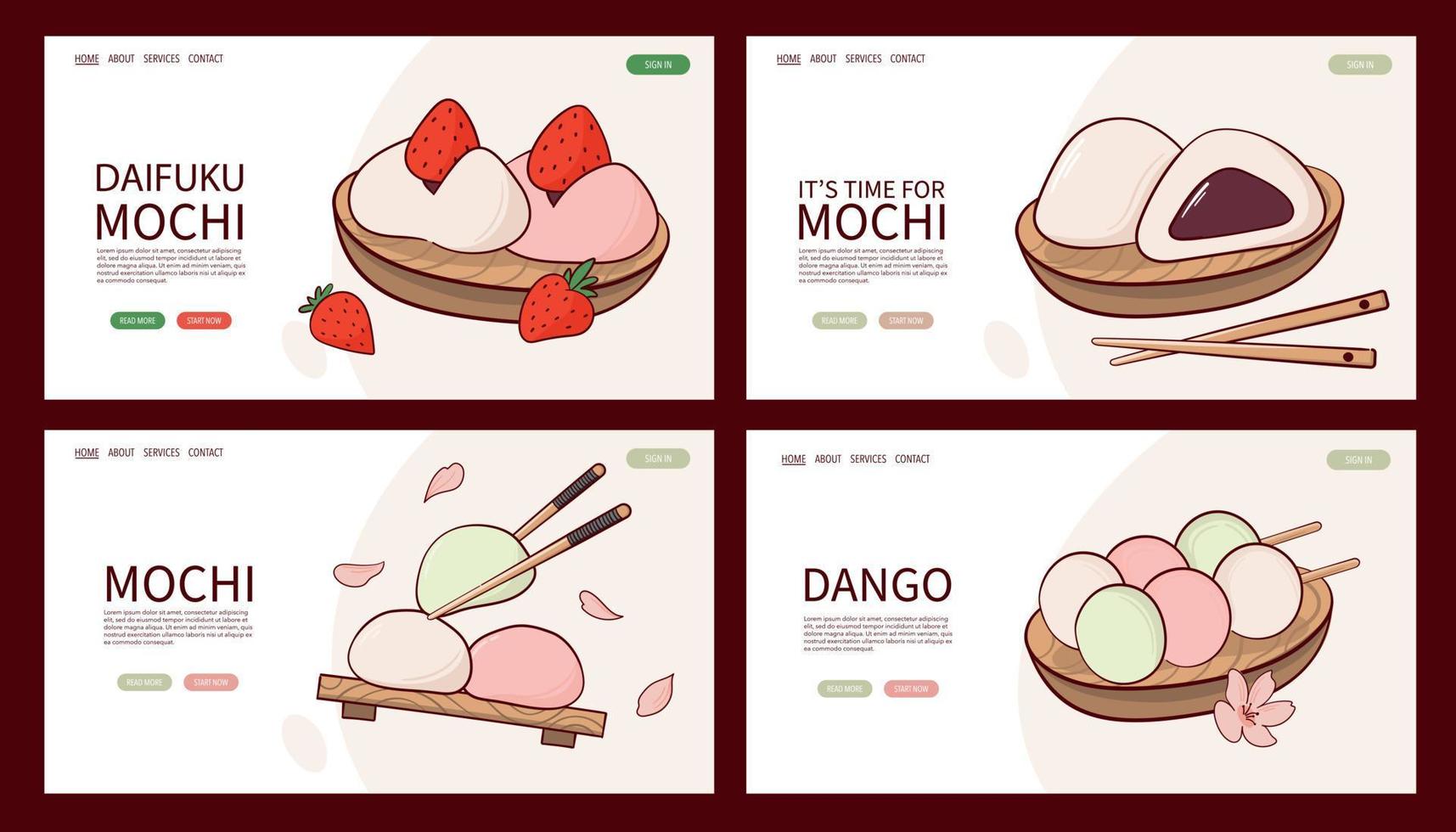 webb sida japan tradition sötsaker mochi daifuku dango vektor illustration. japansk asiatisk traditionell mat, matlagning, meny begrepp. baner, hemsida, reklam i klotter tecknad serie stil.