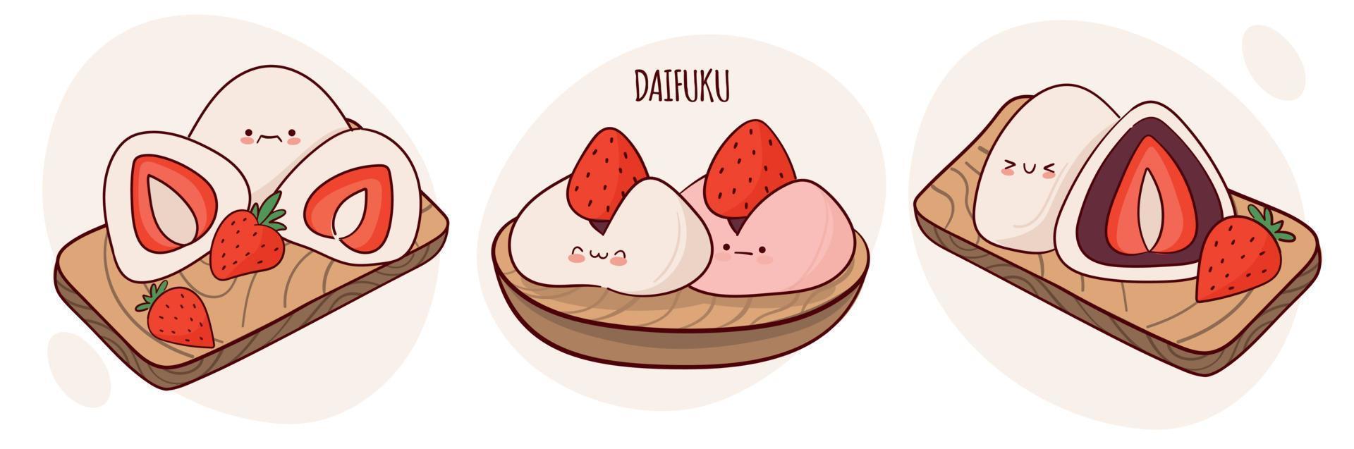 zeichnen sie süße kawaii japan tradition süße mochi daifuku vektorillustration. japanisches asiatisches traditionelles essen, kochen, menükonzept. Doodle-Cartoon-Stil. vektor