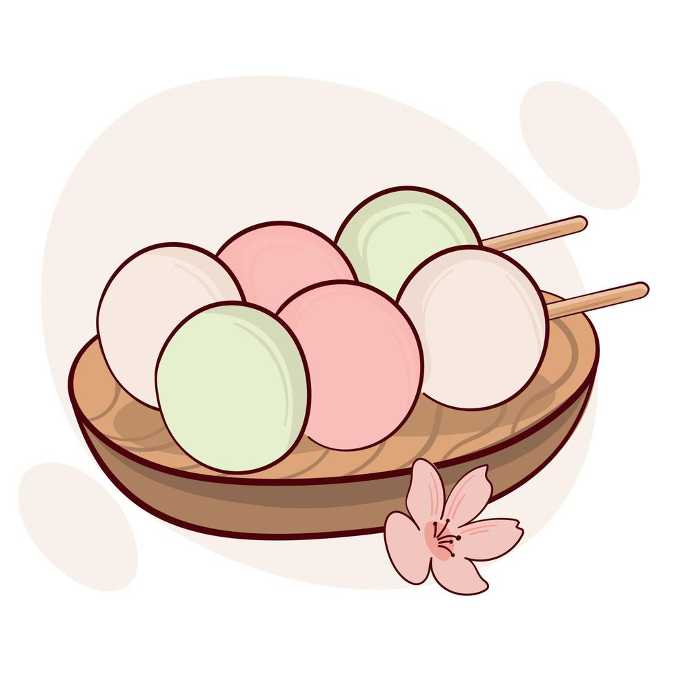 dra rolig söt japan tradition ljuv sanshoku dango tre färgad vektor illustration. japansk asiatisk traditionell mat, matlagning, meny begrepp. klotter tecknad serie stil.
