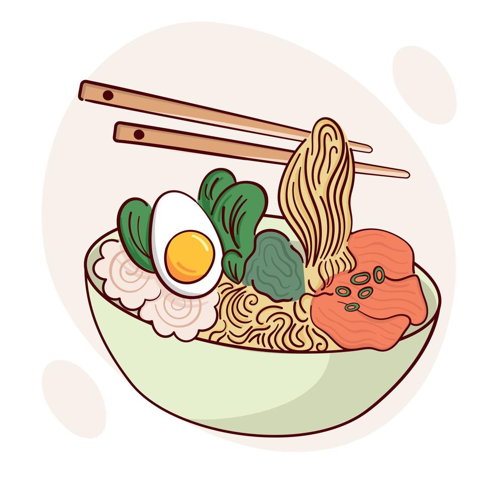 dra Ramen soppa i en skål vektor illustration. japansk asiatisk traditionell mat, matlagning, meny begrepp. klotter tecknad serie stil.